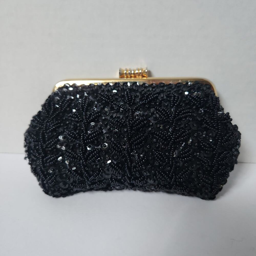 Vintage 1950s/60s Black Beaded & Sequin Evening Clutch - Handmade in Hong Kong
